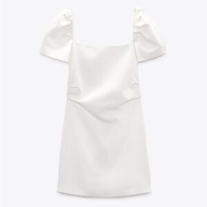 Zara Linen Blend Elegant White Puff Sleeve Dress- L